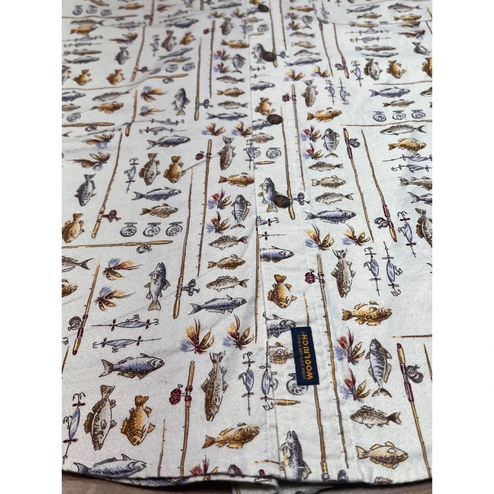 Woolrich Mens Freshwater Fish Print Short Sleeve Button Up Shirt Size L - Picture 8 of 9